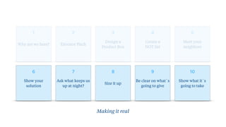 Why are we here? Elevator Pitch
Design a
Product Box
Create a
NOT list
Meet your
neighbors
Show your
solution
Ask what keeps us
up at night?
Size it up
Be clear on what´s
going to give
Show what it´s
going to take
1 2 3 4 5
6 7 8 9 10
Making it real
 
