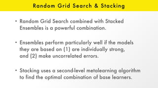 Random Grid Search & Stacking
• Random Grid Search combined with Stacked
Ensembles is a powerful combination. 
• Ensembles perform particularly well if the models
they are based on (1) are individually strong,  
and (2) make uncorrelated errors. 
• Stacking uses a second-level metalearning algorithm
to find the optimal combination of base learners.
 