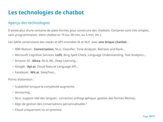 Les technologies de chatbot
Aperçu des technologies
Il existe plus d’une centaine de plate-formes pour construire des chatbots. Certaines sont très simples,
sans programmation. Votre chatbot en 1h (ou 30 min, ou 5 min, etc.).
Les GAFA construisent des stacks et API orientées IA et NLP, avec une brique chatbot :
• IBM Watson : Conversation, NLU, Classifier, Tone Analyzer, Retrieve and Rank…
• Microsoft Cognitive Services: LUIS, Bing Spell Check, Language Understanding, Text Analytics…
• Amazon AI : Alexa, NLU, ML, Deep Learning…
• Google : Api.ai, Cloud Natural Language API…
• Facebook : Wit.ai, DeepText…
Points d’attention :
• Scalabilité lorsque la complexité augmente.
• Versioning.
• NLU, support réel des langues : correction orthographique, gestion des formes fléchies.
• Algo de gestion des conversations personnalisable ?
• Cloud uniquement ou on premise.
Page 10/17
 