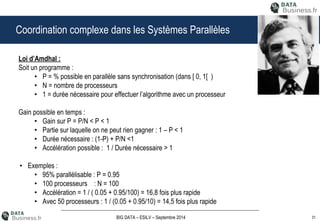 31BIG DATA – ESILV – Septembre 2014
Coordination complexe dans les Systèmes Parallèles
Loi d’Amdhal :
Soit un programme :
• P = % possible en parallèle sans synchronisation (dans [ 0, 1[ )
• N = nombre de processeurs
• 1 = durée nécessaire pour effectuer l’algorithme avec un processeur
Gain possible en temps :
• Gain sur P = P/N < P < 1
• Partie sur laquelle on ne peut rien gagner : 1 – P < 1
• Durée nécessaire : (1-P) + P/N <1
• Accélération possible : 1 / Durée nécessaire > 1
• Exemples :
• 95% parallélisable : P = 0.95
• 100 processeurs : N = 100
• Accélération = 1 / ( 0.05 + 0.95/100) = 16,8 fois plus rapide
• Avec 50 processeurs : 1 / (0.05 + 0.95/10) = 14,5 fois plus rapide
 