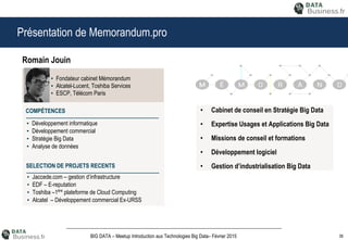 38BIG DATA – Meetup Introduction aux Technologies Big Data– Février 2015
Présentation de Memorandum.pro
▪ Fondateur cabinet Mémorandum
▪ Alcatel-Lucent, Toshiba Services
▪ ESCP, Télécom Paris
Romain Jouin
▪ Développement informatique
▪ Développement commercial
▪ Stratégie Big Data
▪ Analyse de données
COMPÉTENCES
▪ Jaccede.com – gestion d’infrastructure
▪ EDF – E-reputation
▪ Toshiba –1ère
plateforme de Cloud Computing
▪ Alcatel – Développement commercial Ex-URSS
SELECTION DE PROJETS RECENTS
• Cabinet de conseil en Stratégie Big Data
• Expertise Usages et Applications Big Data
• Missions de conseil et formations
• Développement logiciel
• Gestion d’industrialisation Big Data
 