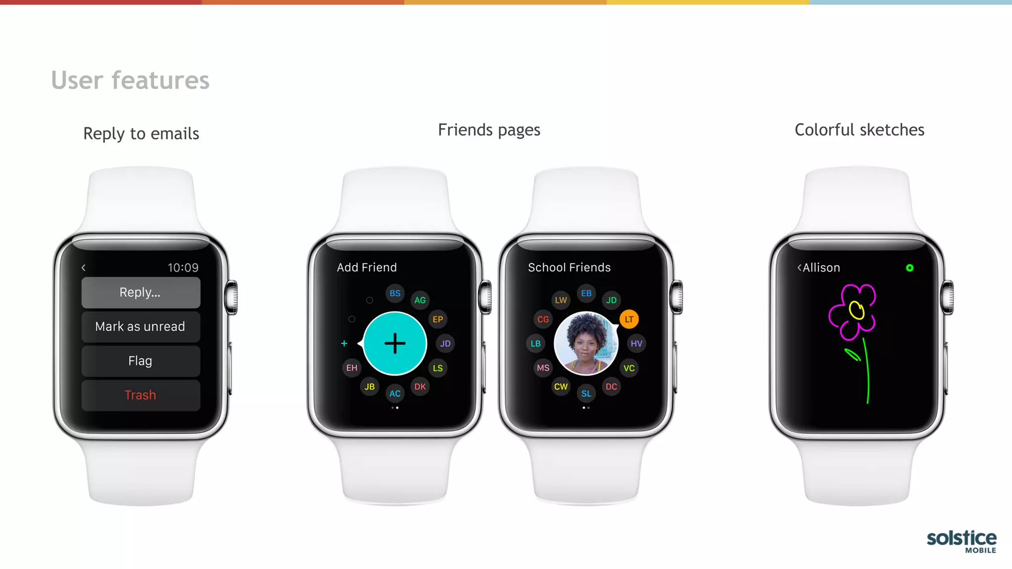User features
Reply to emails Friends pages Colorful sketches