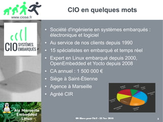 OS libres pour l'IoT - 22 Nov 2016
www.ciose.fr
3
CIO en quelques mots
● Société d'ingénierie en systèmes embarqués :
élec...