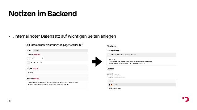 Notizen im Backend
• „Internal note“ Datensatz auf wichtigen Seiten anlegen
5
 