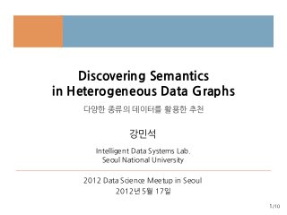 1/10
Discovering Semantics
in Heterogeneous Data Graphs
다양한 종류의 데이터를 활용한 추천
Intelligent Data Systems Lab.
강민석
2012 Data Science Meetup in Seoul
2012년 5월 17일
Seoul National University
 