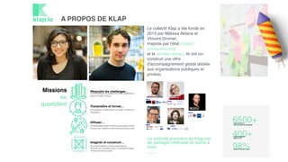 Résoudre les challenges…
et problématiques des petites et grandes organisations
grâce au Design Thinking
Transmettre et former…
les managers et collaborateurs au Design Thinking et à
la facilitation
Diffuser…
la méthodologie Design Thinking au plus grand nombre
à travers des initiations et des évènements grand public
Missions 
au  
quotidien
Imaginer et concevoir…
des produits destinés à rendre autonomes les
personnes qui souhaitent mener une démarche Design
Thinking au sein d'un projet
La volonté première de Klap est
de partager méthode et outils à
tous. 
Le collectif Klap a été fondé en
2015 par Mélissa Aldana et
Vincent Dromer.  
Inspirés par l'état d'esprit
entrepreneurial  
et la pensée design, ils ont co-
construit une offre
d'accompagnement global dédiée
aux organisations publiques et
privées.
A PROPOS DE KLAP
6500+membres dans
notre communauté Meetup
400+ateliers réalisés
depuis 2015
98%de Net Promoter Score
 