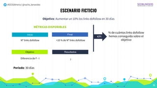 #SEOSAlmeria | @nacho_benavides
ESCENARIO FICTICIO
Objetivo: Aumentar un 10% los links dofollow en 30 días
70
MÉTRICAS DIS...