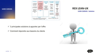 6/5/2018 27
REX LEAN-UX
LEAN CANVAS : Solution
LEAN CANVAS
✓ 3 principales solutions à apporter par l’offre
✓ Comment répo...