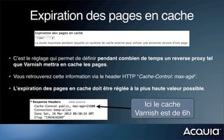 Expiration des pages en cache


• C’est le réglage qui permet de déﬁnir pendant combien de temps un reverse proxy tel
  que Varnish mettra en cache les pages.

• Vous retrouverez cette information via le header HTTP "Cache-Control: max-age".

• L’expiration des pages en cache doit être réglée à la plus haute valeur possible.


                                                         Ici le cache
                                                      Varnish est de 6h
 
