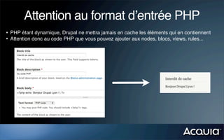 Attention au format d’entrée PHP
• PHP étant dynamique, Drupal ne mettra jamais en cache les éléments qui en contiennent
• Attention donc au code PHP que vous pouvez ajouter aux nodes, blocs, views, rules...
 
