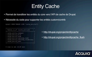 Entity Cache
• Permet de transférer les entités du core vers l’API de cache de Drupal.
• Nécessite du code pour supporter les entités custom/contrib
 mysql> SHOW TABLES LIKE 'cache_entity%';

 +----------------------------------+
 | Tables_in_d7 (cache_entity%)    |
 +----------------------------------+
 | cache_entity_comment             |       • http://drupal.org/project/entitycache
 | cache_entity_file                |
 | cache_entity_node                |
 | cache_entity_taxonomy_term       |       • http://drupal.org/project/entitycache_flush
 | cache_entity_taxonomy_vocabulary |
 | cache_entity_user                |
 +----------------------------------+

 6 rows in set (0.00 sec)
 