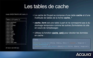 Les tables de cache
mysql> SHOW TABLES LIKE 'cache_%';
                                                       • Le cache de Drupal se compose d’une table cache et d’une
+------------------------------------------------+      multitude de tables de la forme cache_*
| Tables_in_D7 (cache_%)                          |
+------------------------------------------------+
| cache_apachesolr
| cache_block
                                                  |
                                                  |
                                                       • cache_form est une table à part et ne correspond pas à du
| cache_bootstrap                                |      stockage temporaire comme les autres (formulaires du site
| cache_ﬁeld                                      |
| cache_ﬁlter                                      |    en cours de remplissage)
| cache_form                                     |
| cache_image                                    |
| cache_menu
| cache_metatag
                                                 |
                                                 |
                                                       • Utilisez la fonction cache_set() pour stocker les données
| cache_page                                     |      en cache :
| cache_path                                     |
| cache_token                                    |
| cache_update                                   |     <?php
| cache_views                                    |
| cache_views_data                               |     function cache_set($cid, $data, $bin = 'cache', $expire =
+-----------------------------------------------+
                                                       CACHE_PERMANENT) {
                                                         return _cache_get_object($bin)->set($cid, $data, $expire);
23 rows in set (0.00 sec)                              }
 