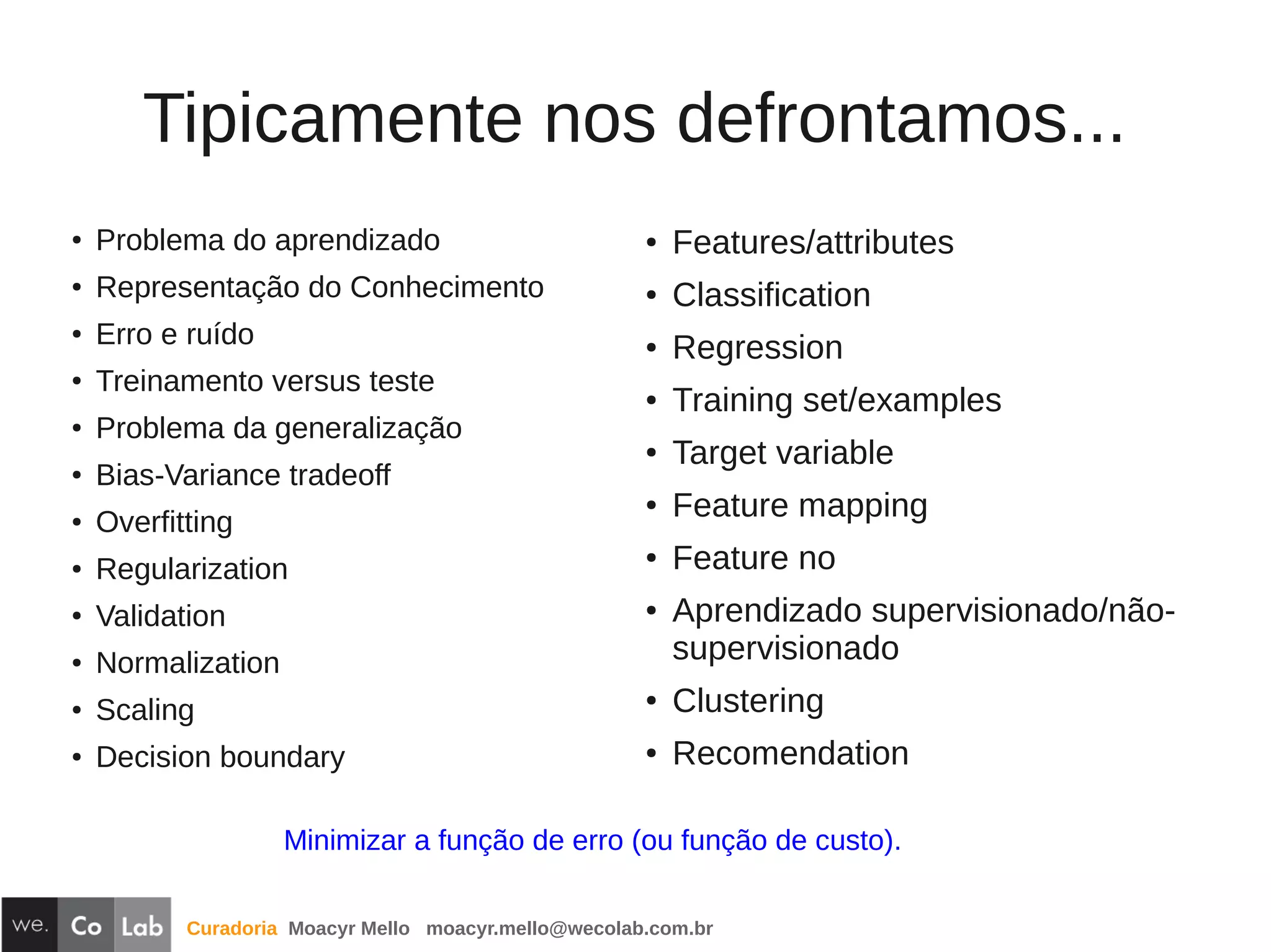 Curadoria Moacyr Mello moacyr.mello@wecolab.com.br
Tipicamente nos defrontamos...
● Problema do aprendizado
● Representação do Conhecimento
● Erro e ruído
● Treinamento versus teste
● Problema da generalização
● Bias-Variance tradeoff
● Overfitting
● Regularization
● Validation
● Normalization
● Scaling
● Decision boundary
● Features/attributes
● Classification
● Regression
● Training set/examples
● Target variable
● Feature mapping
● Feature no
● Aprendizado supervisionado/não-
supervisionado
● Clustering
● Recomendation
Minimizar a função de erro (ou função de custo).
 