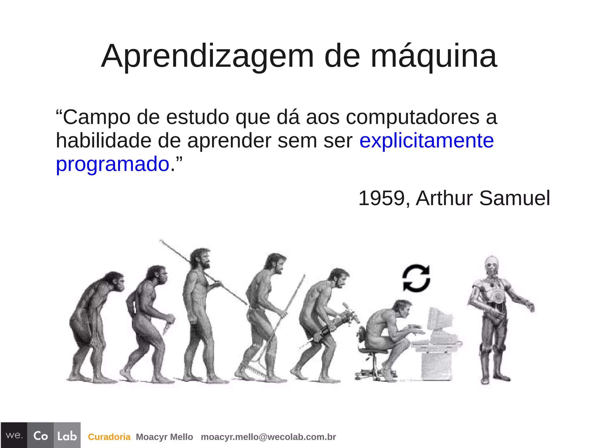 Curadoria Moacyr Mello moacyr.mello@wecolab.com.br
Aprendizagem de máquina
“Campo de estudo que dá aos computadores a
habilidade de aprender sem ser explicitamente
programado.”
1959, Arthur Samuel
 