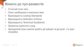 © 2018 Magento, Inc. Page | 39
Вимоги до пул-реквестів
• Стислий опис змін
• Опис необхідності внесення змін
• Відповідність Coding Standards
• Відповідність Definition of Done
• Відповідність Technical Guidelines
• Зворотна сумісність коду
• Зрозумілий опис комітів (робіть git rebase та git push –f у разі
потреби)
 
