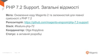 © 2018 Magento, Inc. Page | 63
PHP 7.2 Support. Загальні відомості
Мета: Оновлення коду Magento 2 та залежностей для повної
сумісності з PHP 7.2
Репозиторій: https://github.com/magento-engcom/php-7.2-support
Slack: #feature-php-72
Координатор: Olga Kopylova
Статус: в активній розробці
 