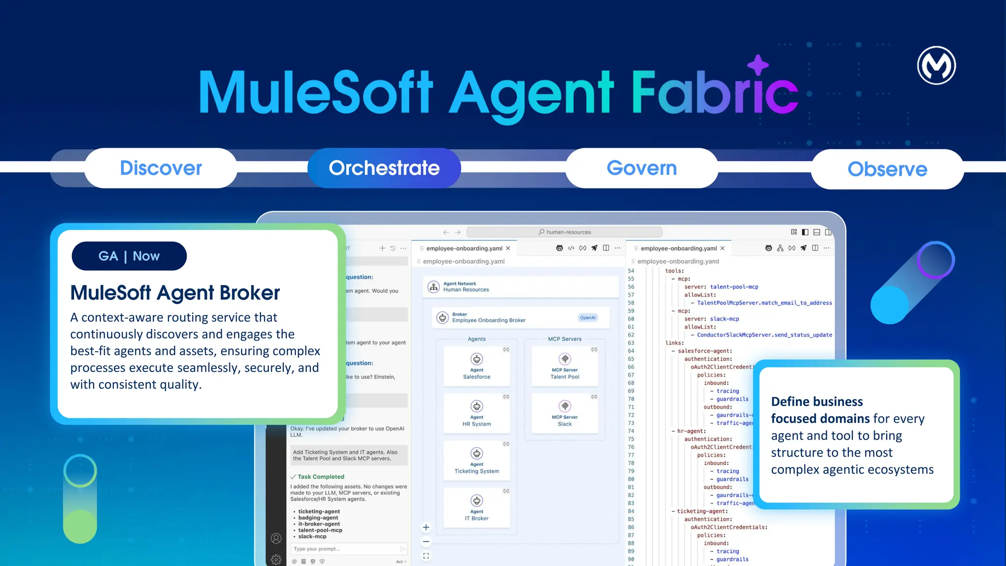 Govern
Discover Orchestrate Observe
Define business
focused domains for every
agent and tool to bring
structure to the most
complex agentic ecosystems
Beta | Aug ‘25
MuleSoft Agent Broker
A context-aware routing service that
continuously discovers and engages the
best-fit agents and assets, ensuring complex
processes execute seamlessly, securely, and
with consistent quality.
GA | Now
 