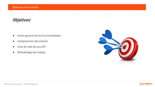 Meetup Microservicios - API Management
Objetivos de la sesión
Objetivos!
●
●
●
●
 
