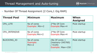 All contents © MuleSoft Inc.
Thread Management and Auto-tuning
37
• Number Of Thread Assignment (2 Core,1 Gig RAM)
Thread Pool Minimum Maximum When
Assigned
CPU_LITE No of cores
Example: Min=2
2*No Of Core
Example:Max=4
Mule startup
CPU_INTENSIVE No of cores
Example:Min=2
2*No Of Core
Example:Max=4
Mule startup
BLOCKING_IO No of cores
Example:
Min=2
(No Of cores +
(memory–245760)
/ 5120)
Example: Max=150
Mule startup
 