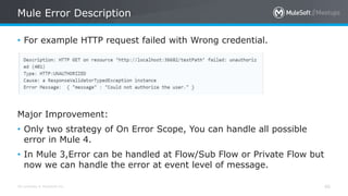 All contents © MuleSoft Inc.
Mule Error Description
46
• For example HTTP request failed with Wrong credential.
Major Improvement:
• Only two strategy of On Error Scope, You can handle all possible
error in Mule 4.
• In Mule 3,Error can be handled at Flow/Sub Flow or Private Flow but
now we can handle the error at event level of message.
 