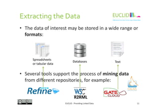 • The data of interest may be stored in a wide range or
formats:
Extracting the Data
• Several tools support the process of mining data
from different repositories, for example:
11EUCLID - Providing Linked Data
Spreadsheets
or tabular data
Databases Text
R2RML
 