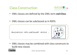 Class Construction
• OWL classes are defined by the OWL term owl:Class
• OWL classes can be subclassed as in RDFS:
EUCLID - Querying Linked Data 38
• OWL classes may be combined with class constructs to
build new classes
Music Artist
Artist
:MusicArtist rdfs:subClassOf :Artist .
 