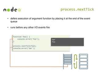 process.nextTick
• defers execution of argument function by placing it at the end of the event
queue
• runs before any other I/O events fire

function foo() {
console.error('foo');
}
process.nextTick(foo);
console.error('bar');

bar
foo

 