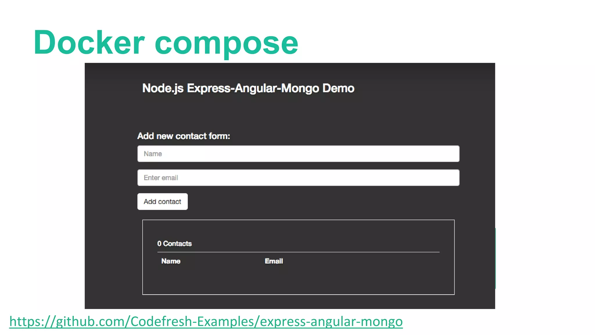 Web:
build: .
ports:
- “9000:9000”
links:
- mongo
mongo:
image: mongo:latest
ports:
- “27017:27017”
docker-compose.yml
Docker compose
Web (nodejs) Mongo
https://github.com/Codefresh-Examples/express-angular-mongo
 