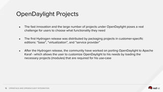 OPENSTACK AND OPENDAYLIGHT INTEGRATION13
OpenDaylight Projects
● The fast innovation and the large number of projects under OpenDaylight poses a real
challenge for users to choose what functionality they need
● The first Hydrogen release was distributed by packaging projects in customer-specific
editions: “base”, “virtualization”, and “service provider”
● After the Hydrogen release, the community have worked on porting OpenDaylight to Apache
Karaf - which allows the user to customize OpenDaylight to his needs by loading the
necessary projects (modules) that are required for his use-case
 