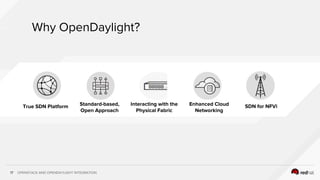 OPENSTACK AND OPENDAYLIGHT INTEGRATION17
Why OpenDaylight?
True SDN Platform Standard-based,
Open Approach
Interacting with the
Physical Fabric
Enhanced Cloud
Networking
SDN for NFVi
 
