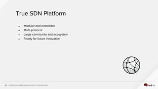 OPENSTACK AND OPENDAYLIGHT INTEGRATION18
True SDN Platform
● Modular and extensible
● Multi-protocol
● Large community and ecosystem
● Ready for future innovation
 