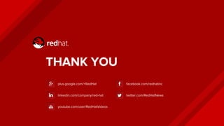 THANK YOU
plus.google.com/+RedHat
linkedin.com/company/red-hat
youtube.com/user/RedHatVideos
facebook.com/redhatinc
twitter.com/RedHatNews
 