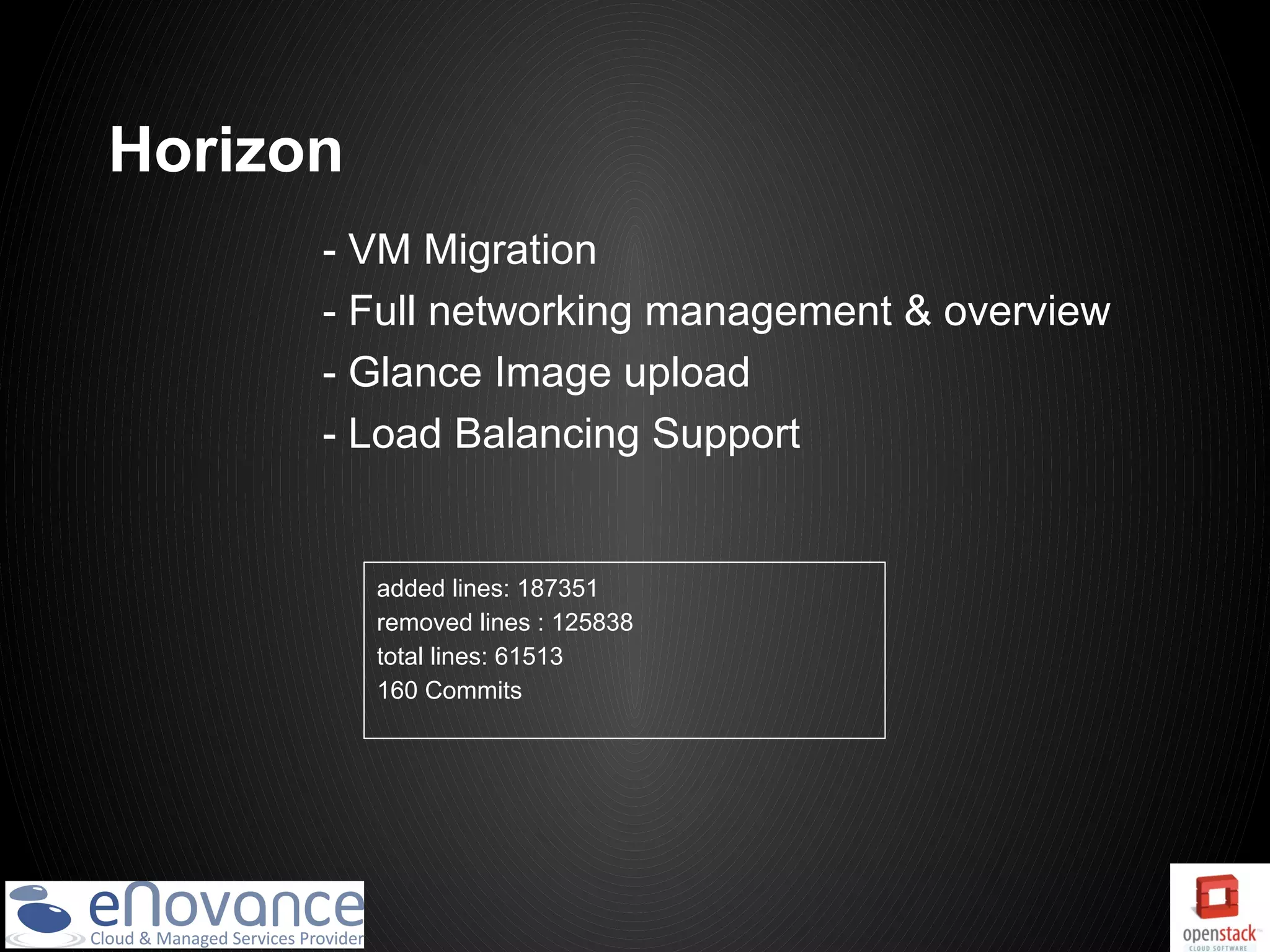 Horizon
      - VM Migration
      - Full networking management & overview
      - Glance Image upload
      - Load Balancing Support


          added lines: 187351
          removed lines : 125838
          total lines: 61513
          160 Commits
 
