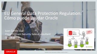 Copyright © 2015, Oracle and/or its affiliates. All rights reserved. |
EU General Data Protection Regulation:
Cómo puede ayudar Oracle
Juan Carlos Díaz
Cloud Domain Security Sales Consultant
Oracle Iberia
 