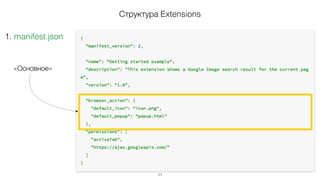 Структура Extensions
1. manifest.json
9
 