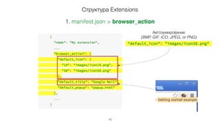 Структура Extensions
1. manifest.json
Название. 
Описание.
Версии и т.п.
10
 
