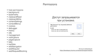 Структура Extensions
1. manifest.json  page_action
Автозумирование
(BMP, GIF, ICO, JPEG, or PNG)
13
 