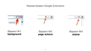 Какие задачи можно решать
1. Влияние на содержимое web-страницы
«Резать» рекламу, выделять полезную информацию и т.п.
2. Уведомления
Примеры: почта, социальные сети и т.п.
3. Взаимодействие с пользователем
Примеры: Evernote, Pocket.
4. Инструменты-фишки
Скриншот страницы, линейка и т.п. для удобства.
Магазин расширений
https://chrome.google.com/webstore/category/extensions
3
 