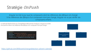 Pas de modification
détectée
https://github.com/Willovent/changedetection-advent-calendar
La méthode MarkForCheck du ChangeDetectorRef permet d’indiquer à Angular de vérifier
une branche même si les références des @Input d’un composant n’ont pas changé.
Stratégie OnPush
Angular ne met à jour que les composants dont les références des @Input ont changé.
Si les références des @Input d’un composant n’ont pas changé, Angular ne va pas vérifier ses
composants enfants.
 