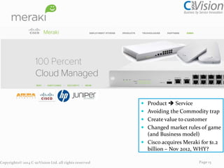 Copyrights© 2014 C-urVision Ltd. all rights reserved

 Product  Service
 Avoiding the Commodity trap
 Create value to customer
 Changed market rules of game
(and Business model)
 Cisco acquires Meraki for $1.2
billion – Nov 2012, WHY?
Page 13

 