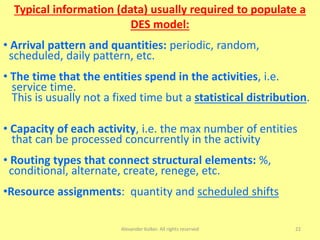 Alexander Kolker. All rights reserved 22
Typical information (data) usually required to populate a
DES model:
• Arrival pattern and quantities: periodic, random,
scheduled, daily pattern, etc.
• The time that the entities spend in the activities, i.e.
service time.
This is usually not a fixed time but a statistical distribution.
• Capacity of each activity, i.e. the max number of entities
that can be processed concurrently in the activity
• Routing types that connect structural elements: %,
conditional, alternate, create, renege, etc.
•Resource assignments: quantity and scheduled shifts
 