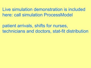 Live simulation demonstration is included
here: call simulation ProcessModel
patient arrivals, shifts for nurses,
technicians and doctors, stat-fit distribution
 