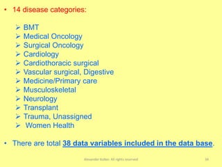 Alexander Kolker. All rights reserved 34
• 14 disease categories:
 BMT
 Medical Oncology
 Surgical Oncology
 Cardiology
 Cardiothoracic surgical
 Vascular surgical, Digestive
 Medicine/Primary care
 Musculoskeletal
 Neurology
 Transplant
 Trauma, Unassigned
 Women Health
• There are total 38 data variables included in the data base.
 