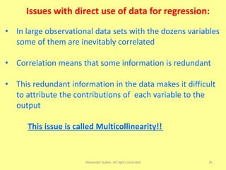 Alexander Kolker. All rights reserved 35
Issues with direct use of data for regression:
• In large observational data sets with the dozens variables
some of them are inevitably correlated
• Correlation means that some information is redundant
• This redundant information in the data makes it difficult
to attribute the contributions of each variable to the
output
This issue is called Multicollinearity!!
 