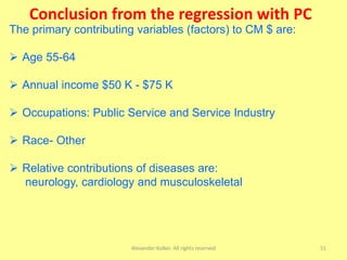 Conclusion from the regression with PC
Alexander Kolker. All rights reserved 51
The primary contributing variables (factors) to CM $ are:
 Age 55-64
 Annual income $50 K - $75 K
 Occupations: Public Service and Service Industry
 Race- Other
 Relative contributions of diseases are:
neurology, cardiology and musculoskeletal
 