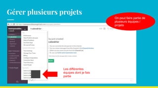 Gérer plusieurs projets
On peut faire partie de
plusieurs équipes /
projets
Les différentes
équipes dont je fais
partie
 