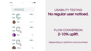 USABILITY TESTING
No regular user noticed.
FLOW CONVERSION
2-10% uplift.
(depending on platform and countries)
 