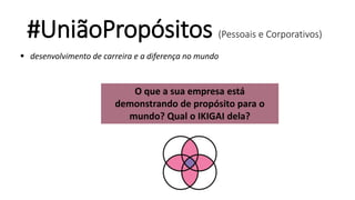 #UniãoPropósitos (Pessoais e Corporativos)
O que a sua empresa está
demonstrando de propósito para o
mundo? Qual o IKIGAI dela?
 desenvolvimento de carreira e a diferença no mundo
 
