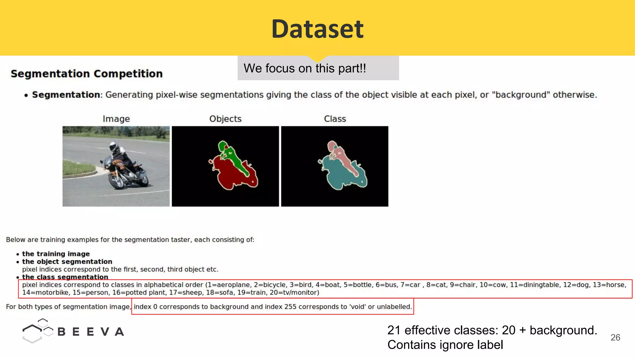 26
We focus on this part!!
Dataset
21 effective classes: 20 + background.
Contains ignore label
 