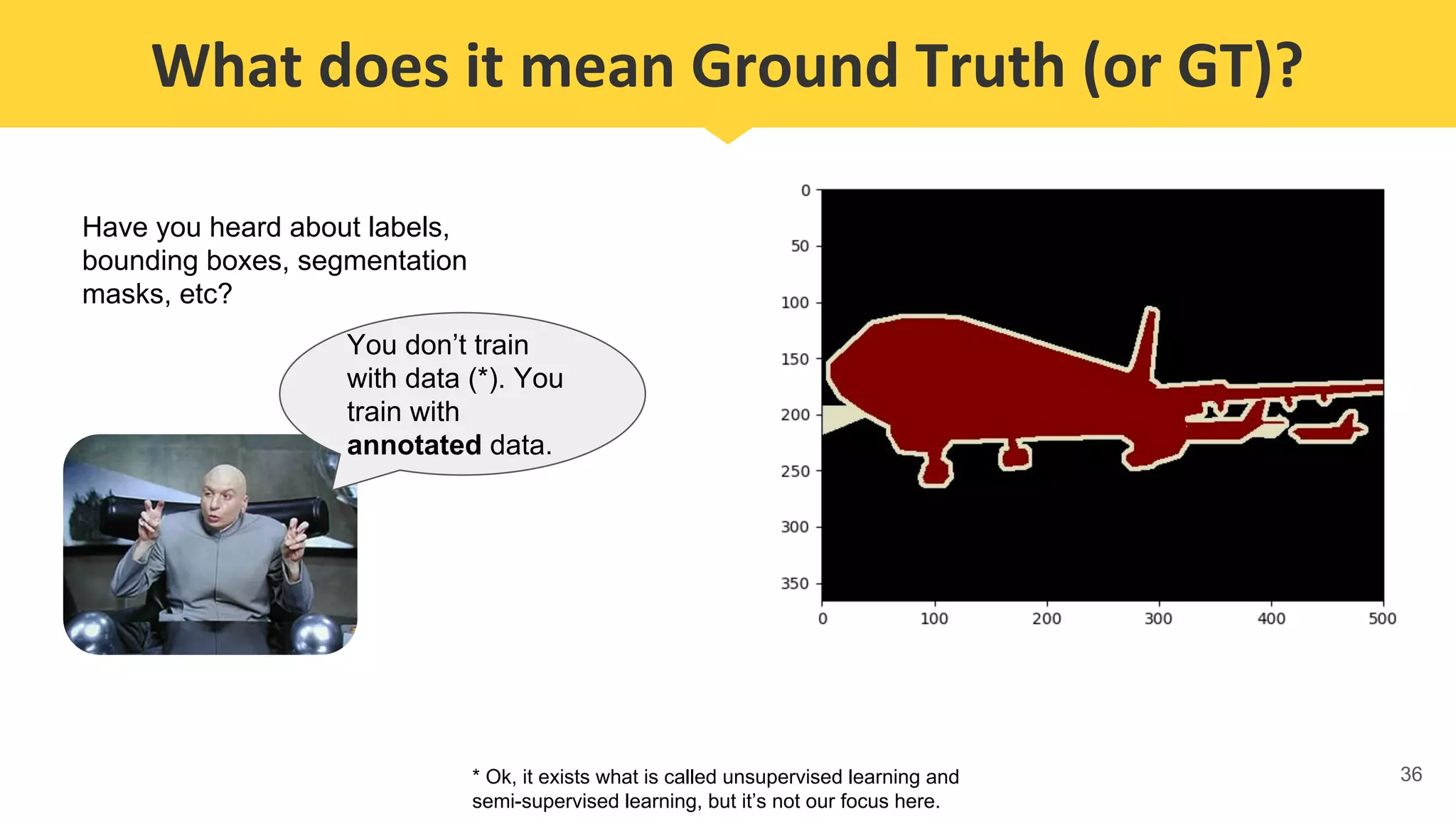 36
What does it mean Ground Truth (or GT)?
Have you heard about labels,
bounding boxes, segmentation
masks, etc?
* Ok, it exists what is called unsupervised learning and
semi-supervised learning, but it’s not our focus here.
You don’t train
with data (*). You
train with
annotated data.
 